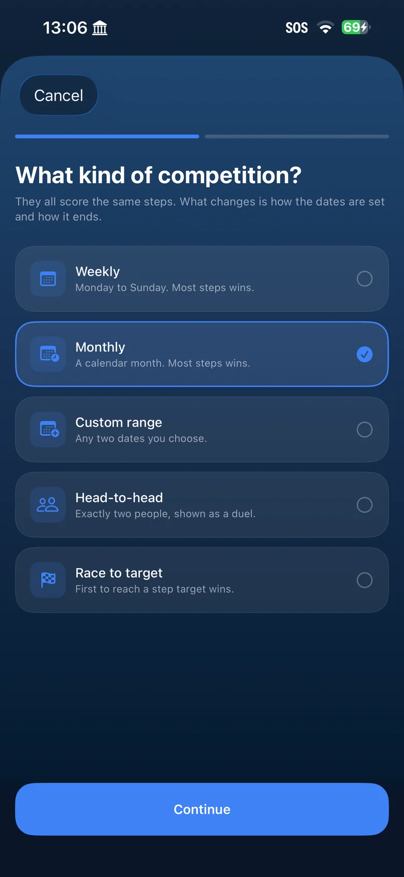 Choosing a competition format: weekly, monthly, a custom range, head-to-head, or a race to a step target.